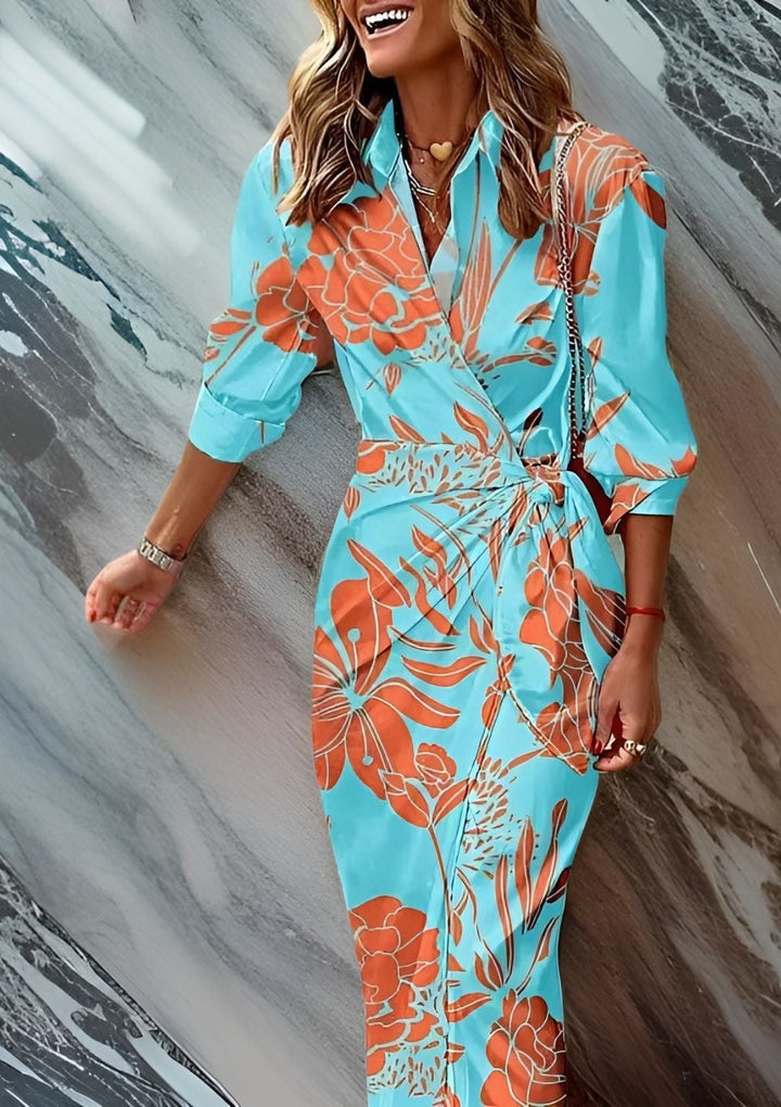 Karin | Women's Printed Wrap Midi Dress with Long Sleeves