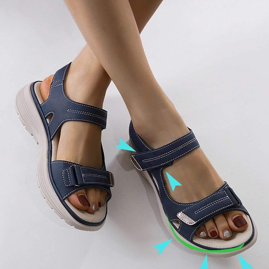 Orlena women's navy adjustable wedge sandals with contrast stitching and open toe, offering easy support.