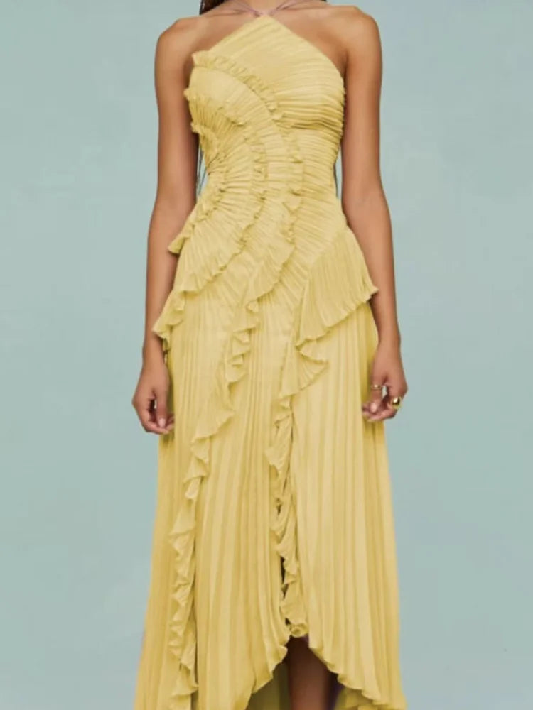 Milly | Women's Pleated Halter Wedding Guest Maxi Dress