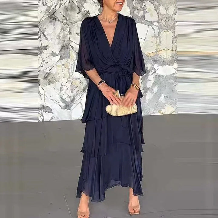 Florie | Women's V-Neck Tiered Wrap Midi Dress