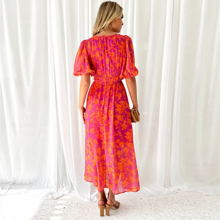 Cathy | Women's Printed Maxi Dress with Puff Sleeves