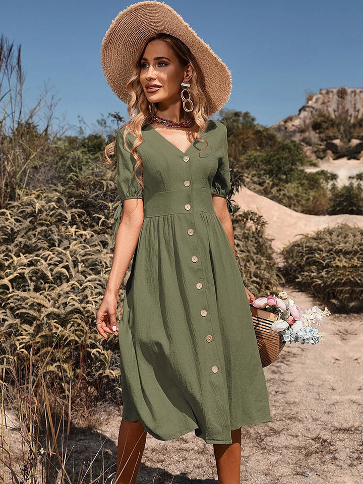 Beth | Women's V-Neck Button Front Midi Dress