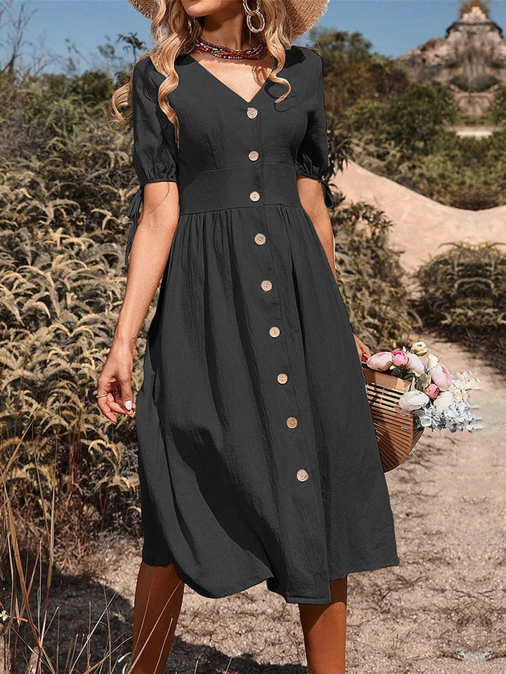 Beth | Women's V-Neck Button Front Midi Dress