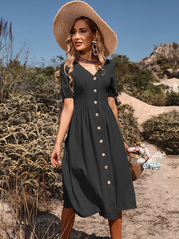 Beth | Women's V-Neck Button Front Midi Dress