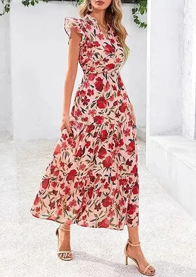 Keshia | Women's Floral V-Neck Flutter Sleeve Maxi Dress