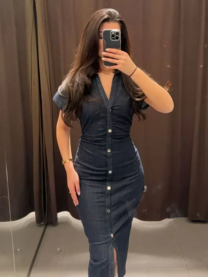 Charlene | Women's Denim V-Neck Maxi Dress