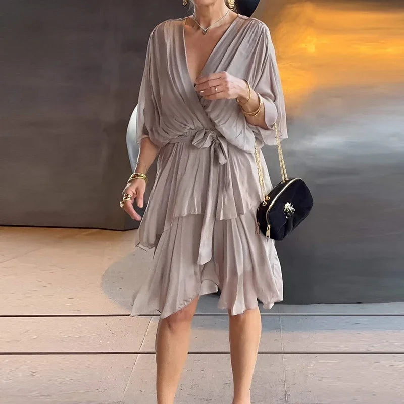 Florie | Women's V-Neck Tiered Wrap Midi Dress