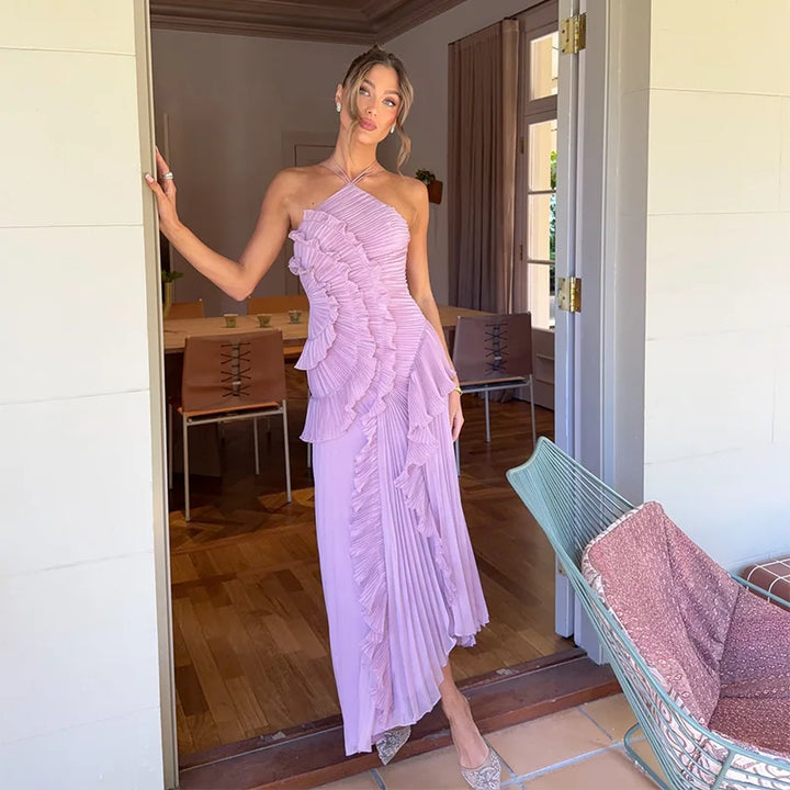 Milly | Women's Pleated Halter Wedding Guest Maxi Dress