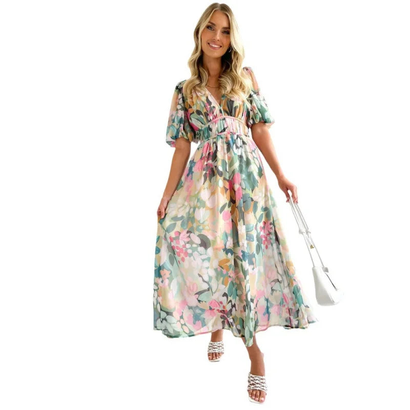 Cathy | Women's Printed Maxi Dress with Puff Sleeves