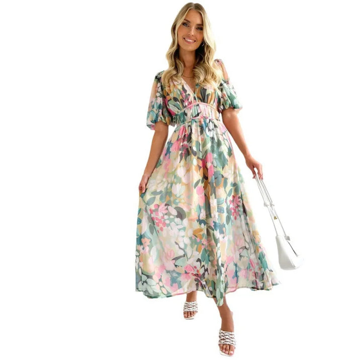 Cathy | Women's Printed Maxi Dress with Puff Sleeves