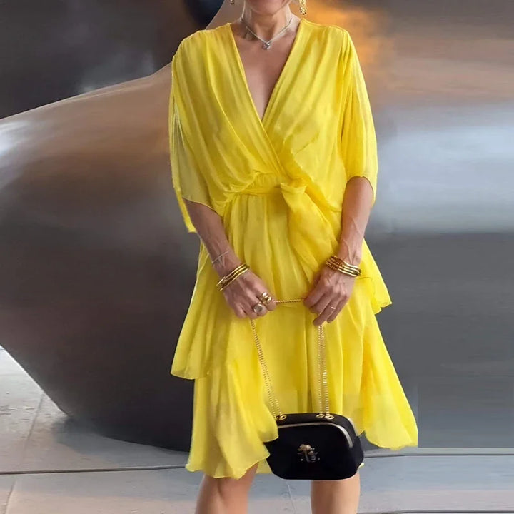 Florie | Women's V-Neck Tiered Wrap Midi Dress