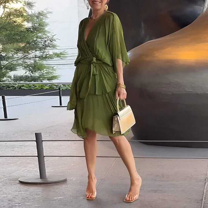 Florie | Women's V-Neck Tiered Wrap Midi Dress