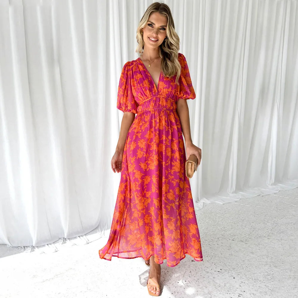 Cathy | Women's Printed Maxi Dress with Puff Sleeves
