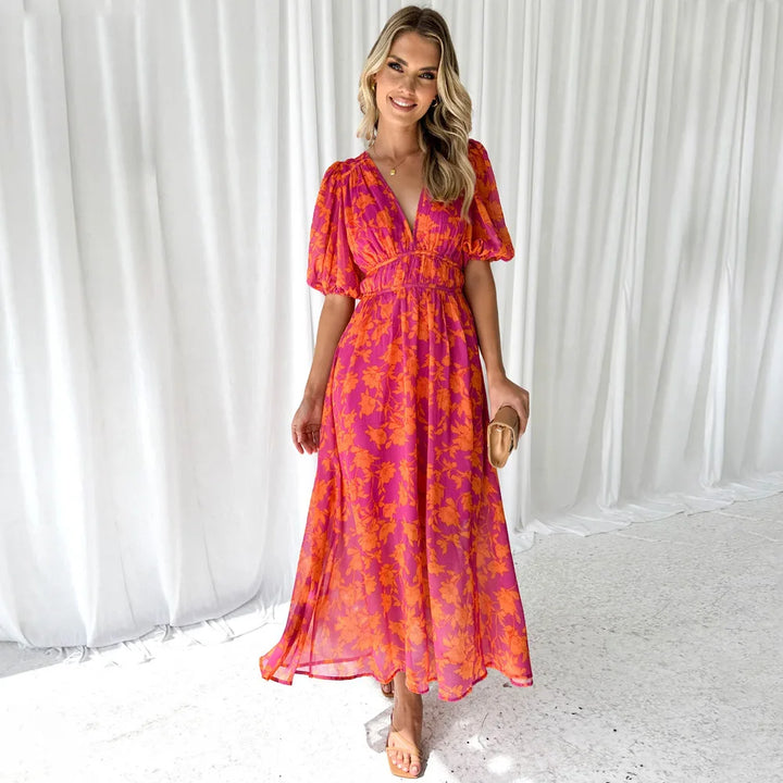 Cathy | Women's Printed Maxi Dress with Puff Sleeves