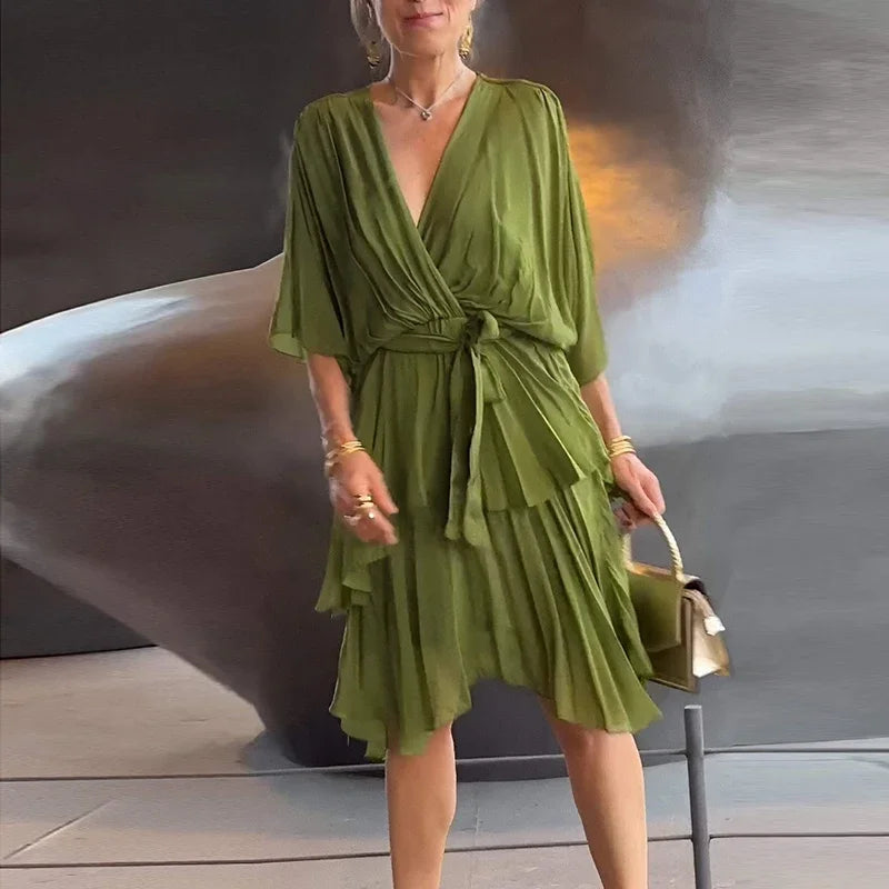 Florie | Women's V-Neck Tiered Wrap Midi Dress