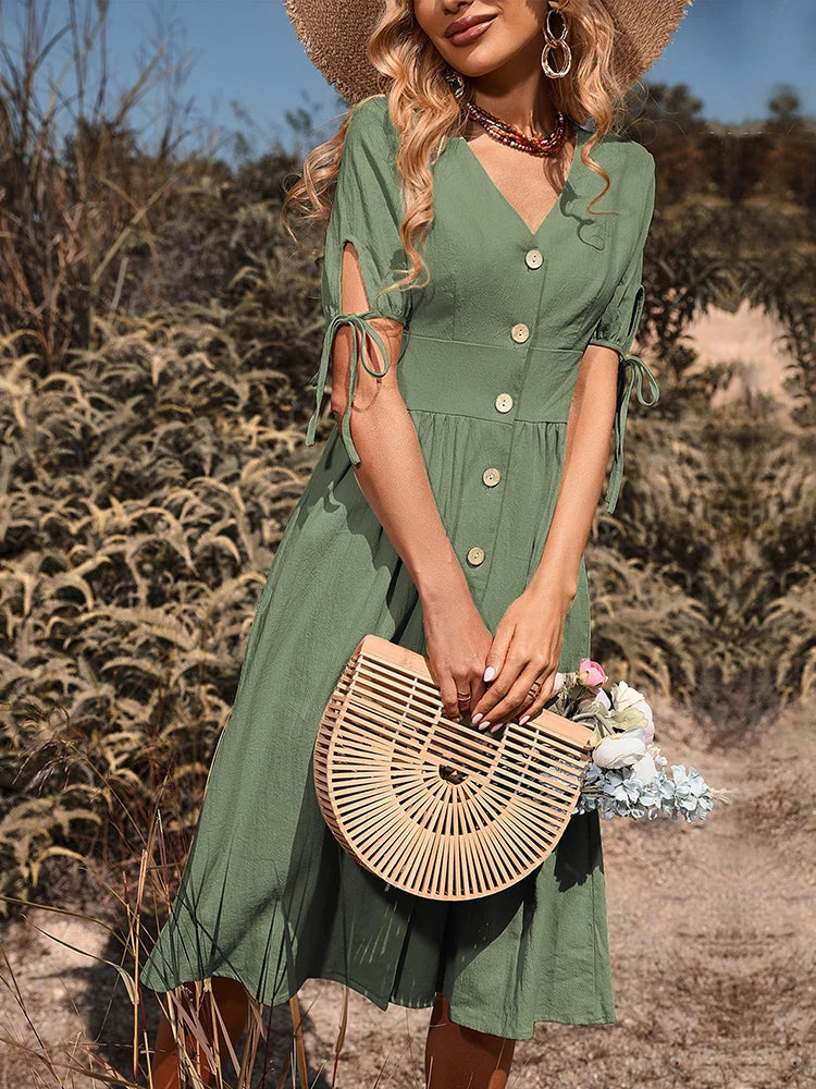 Beth | Women's V-Neck Button Front Midi Dress