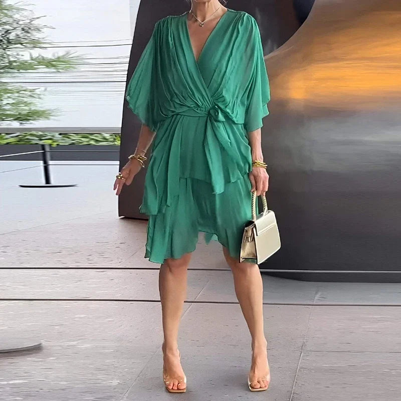 Florie | Women's V-Neck Tiered Wrap Midi Dress