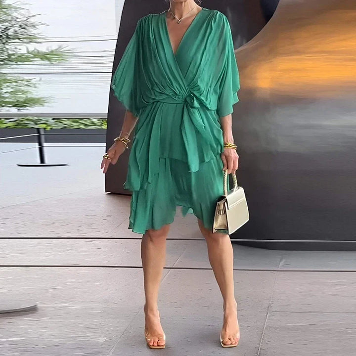 Florie | Women's V-Neck Tiered Wrap Midi Dress