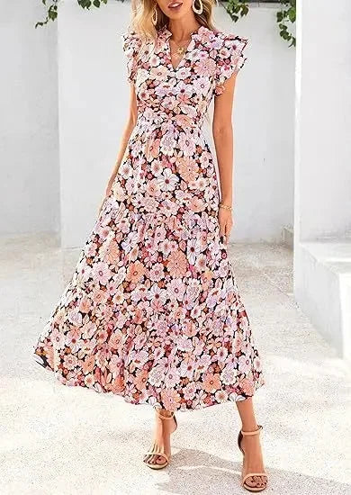 Keshia | Women's Floral V-Neck Flutter Sleeve Maxi Dress