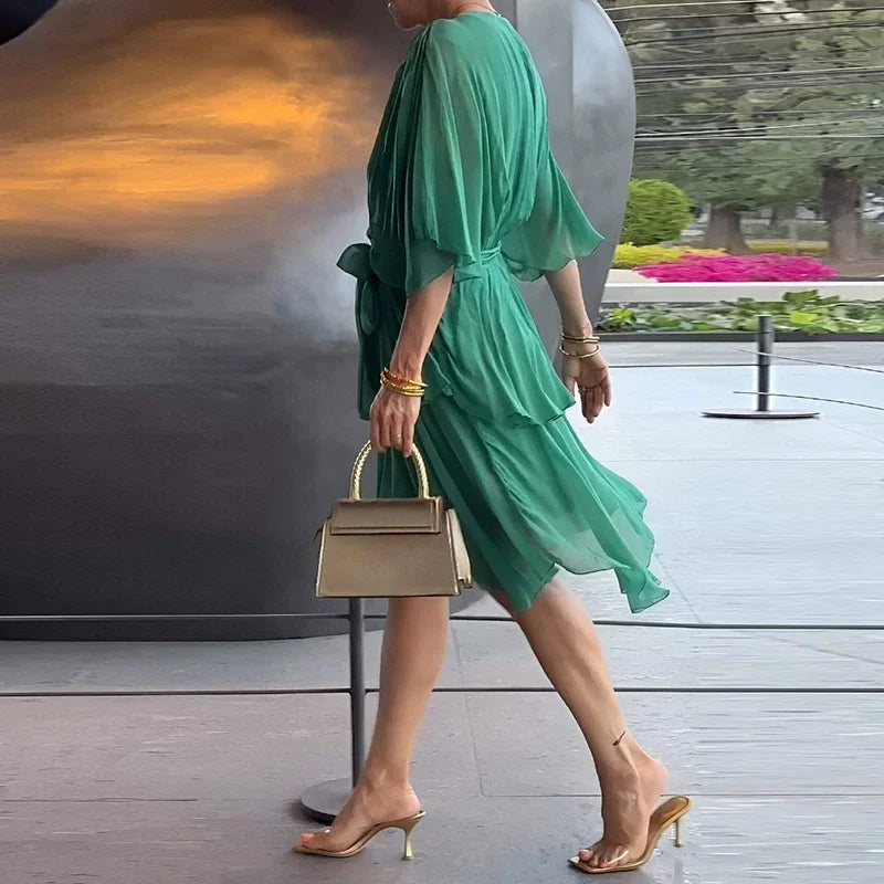 Florie | Women's V-Neck Tiered Wrap Midi Dress