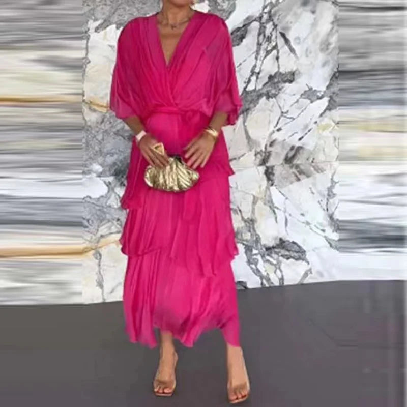 Florie | Women's V-Neck Tiered Wrap Midi Dress