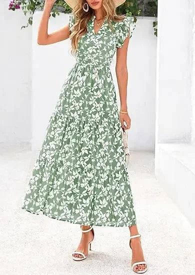 Keshia | Women's Floral V-Neck Flutter Sleeve Maxi Dress