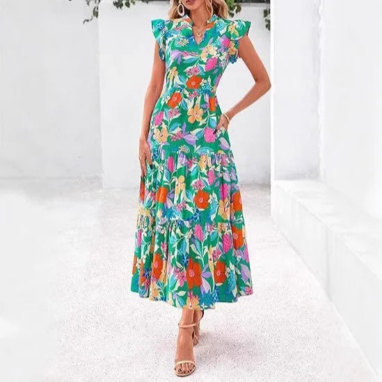 Keshia | Women's Floral V-Neck Flutter Sleeve Maxi Dress