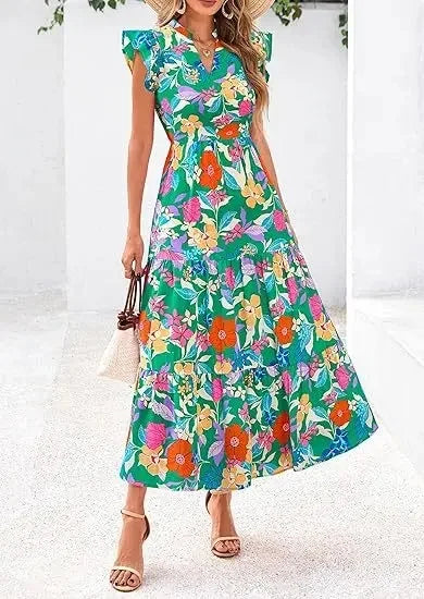 Keshia | Women's Floral V-Neck Flutter Sleeve Maxi Dress