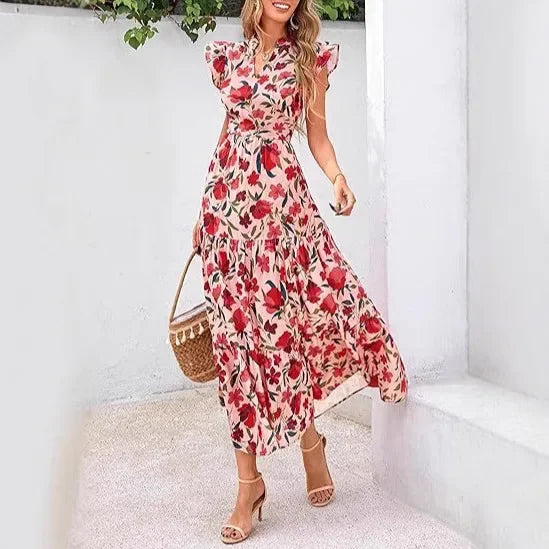 Keshia | Women's Floral V-Neck Flutter Sleeve Maxi Dress