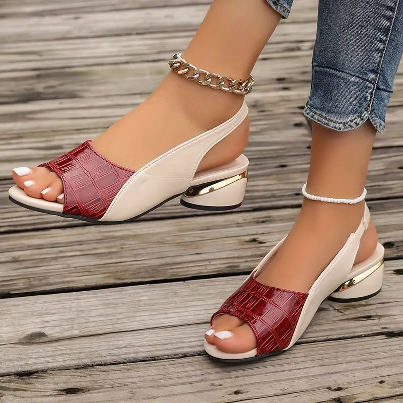 Starla women's slingback low heel sandals with a red crocodile-embossed toe and cream upper.