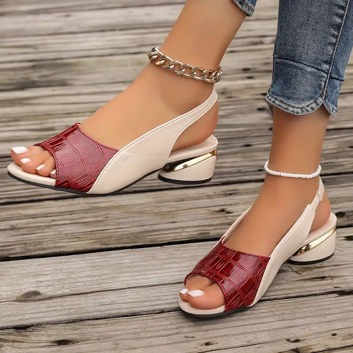 Starla women's slingback low heel sandals with a red crocodile-embossed toe and cream upper.
