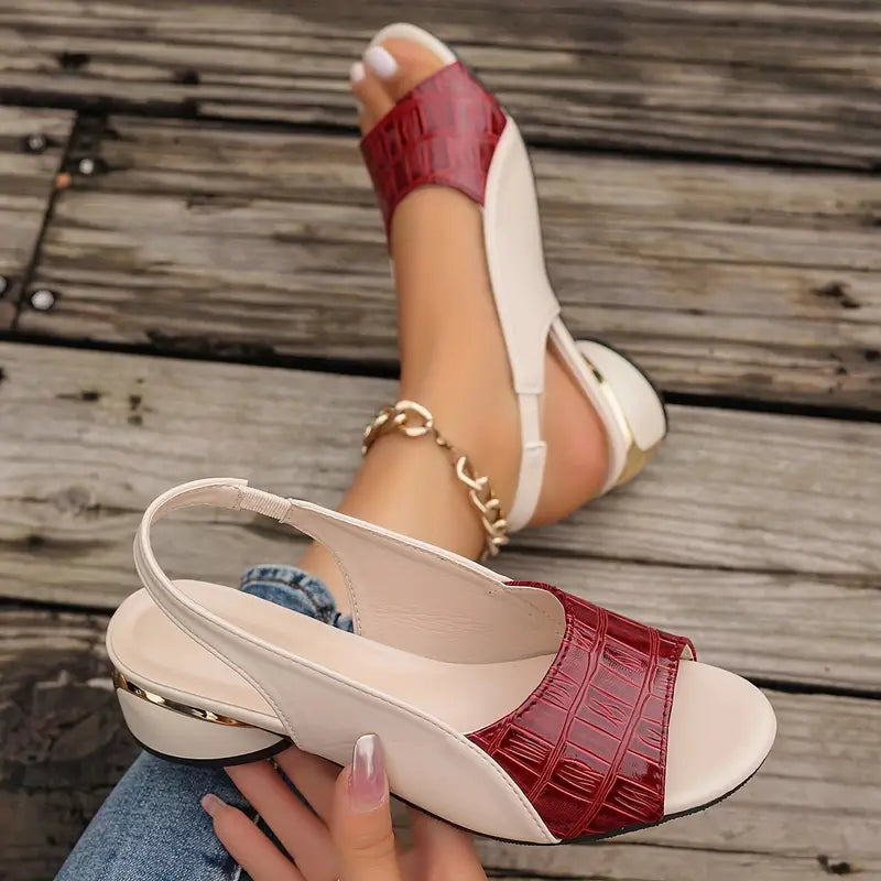Starla women's slingback low heel sandals with a red croc-embossed strap and cream upper.