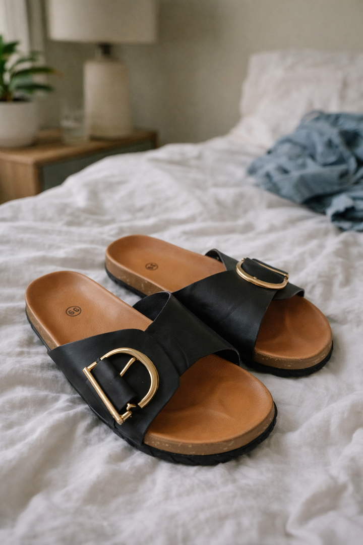 Black Sylvie buckle slide sandals with wide straps and gold-tone buckles on a white bed.