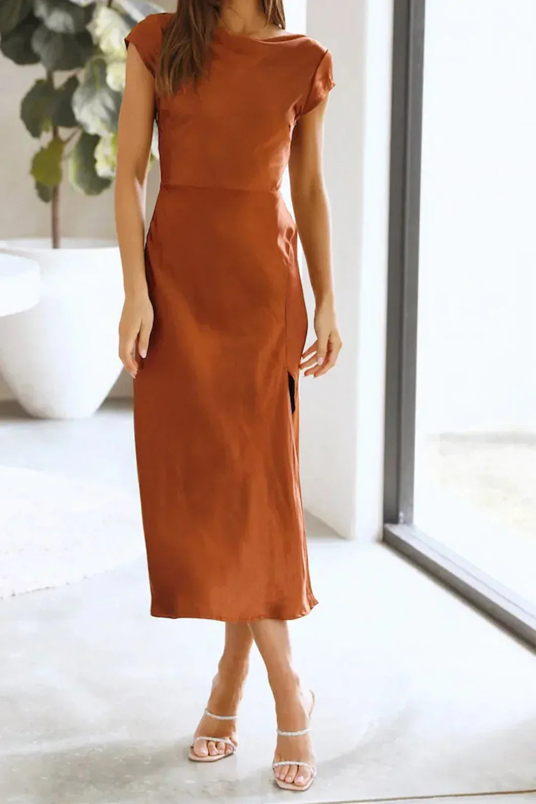 Amelia | Women's Satin Midi Dress with Cap Sleeves and Side Slit