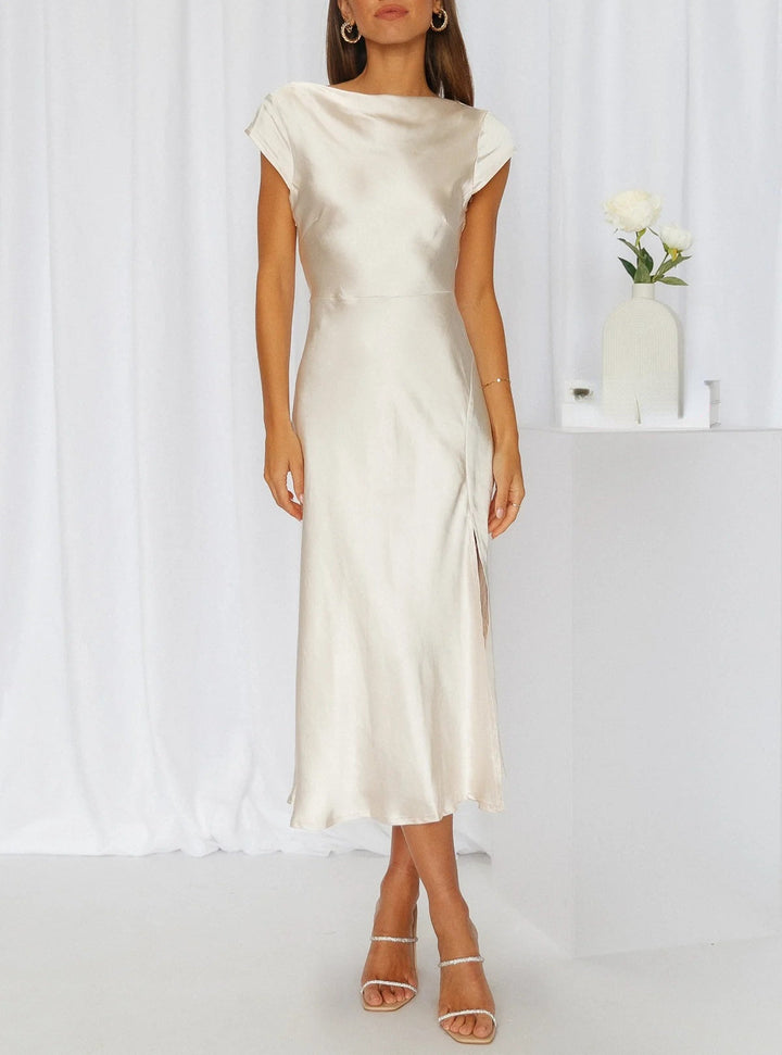 Amelia | Women's Satin Midi Dress with Cap Sleeves and Side Slit