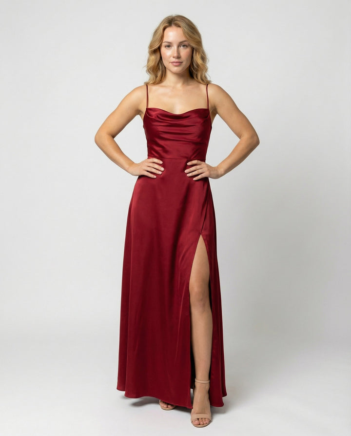 Isabella | Women's Satin Cowl Neck High Slit Maxi Dress