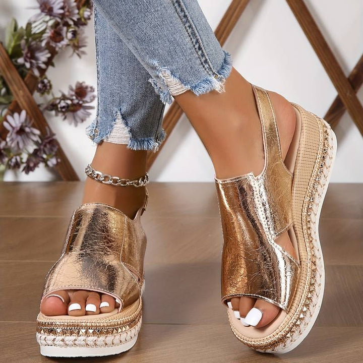 Zafira women's metallic rose gold platform wedge sandals with open toe and slingback strap.
