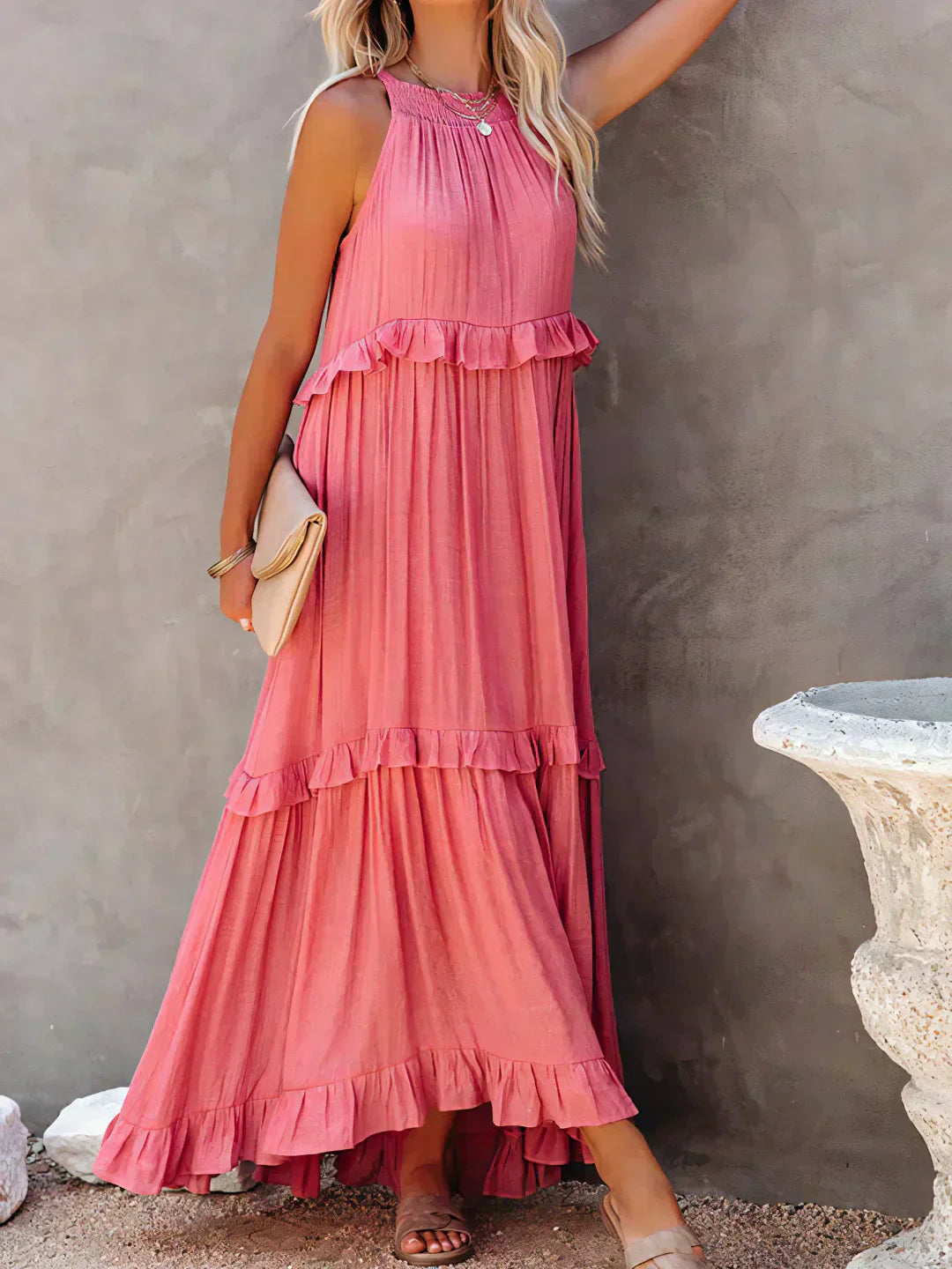 Quetzel | Graceful Halter Neck Ruffle Trim Dress