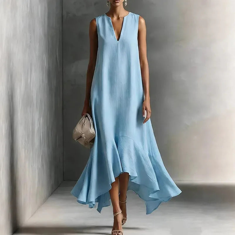 Adeline women's flowy light blue V-neck maxi dress with a ruffle hem and natural drape.