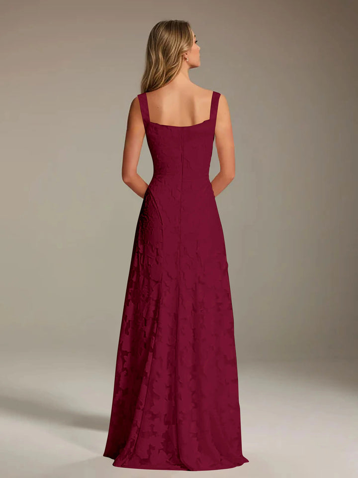 Adrienne women's floral bridesmaid dress: floor-length A-line gown in deep red with square neckline and delicate lace.