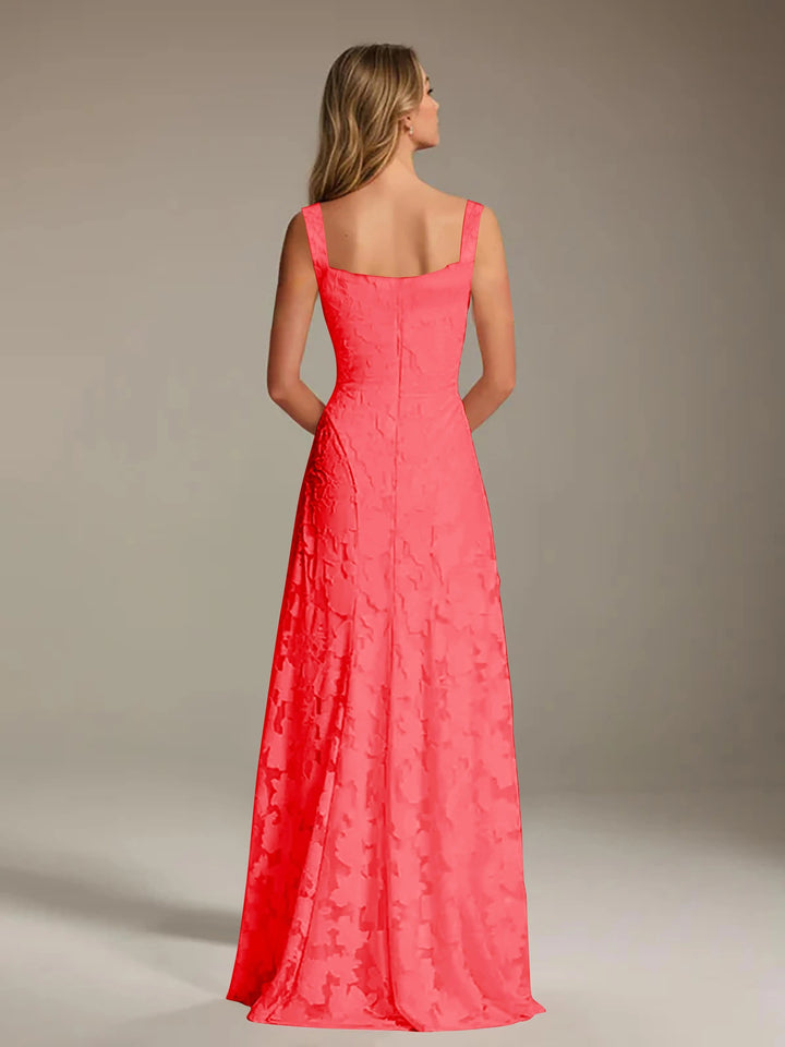 Adrienne coral floral lace A-line bridesmaid gown with square neckline, viewed from the back.