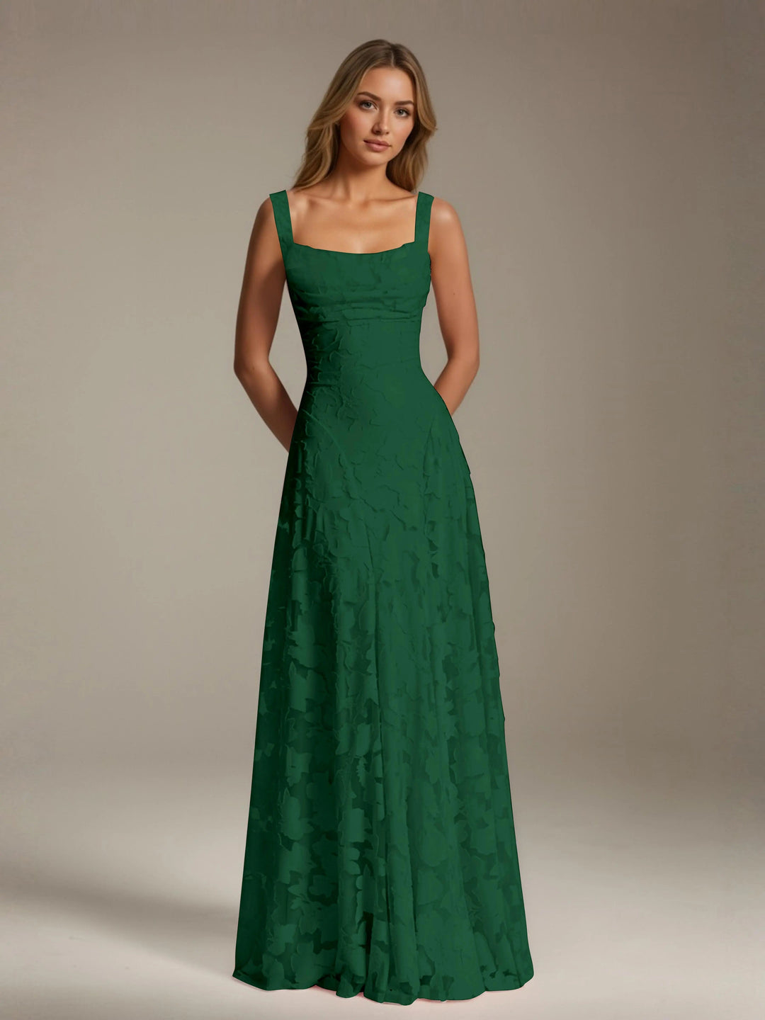 Adrienne women's emerald green floral lace A-line bridesmaid dress with square neckline.