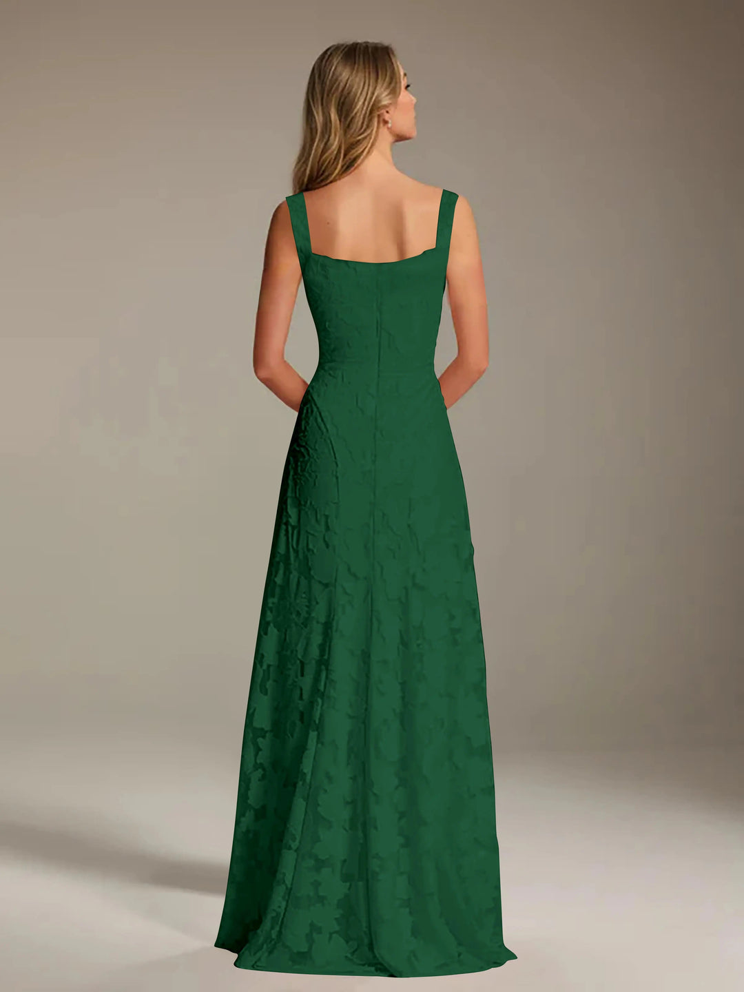 Adrienne women's emerald green floral lace A-line bridesmaid dress with square neckline, viewed from the back.