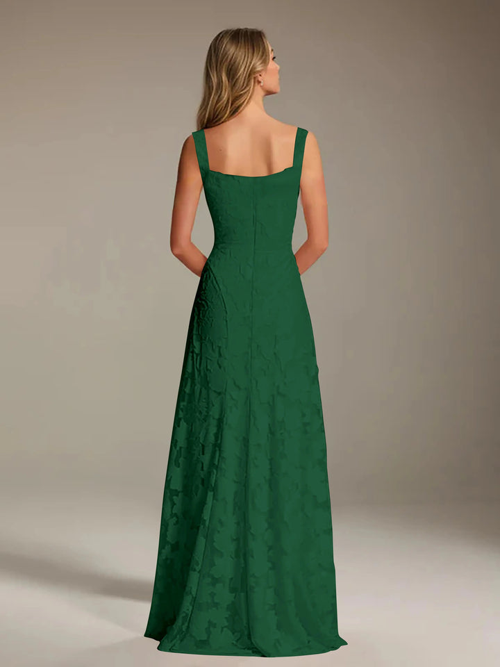 Adrienne women's emerald green floral lace A-line bridesmaid dress with square neckline, viewed from the back.