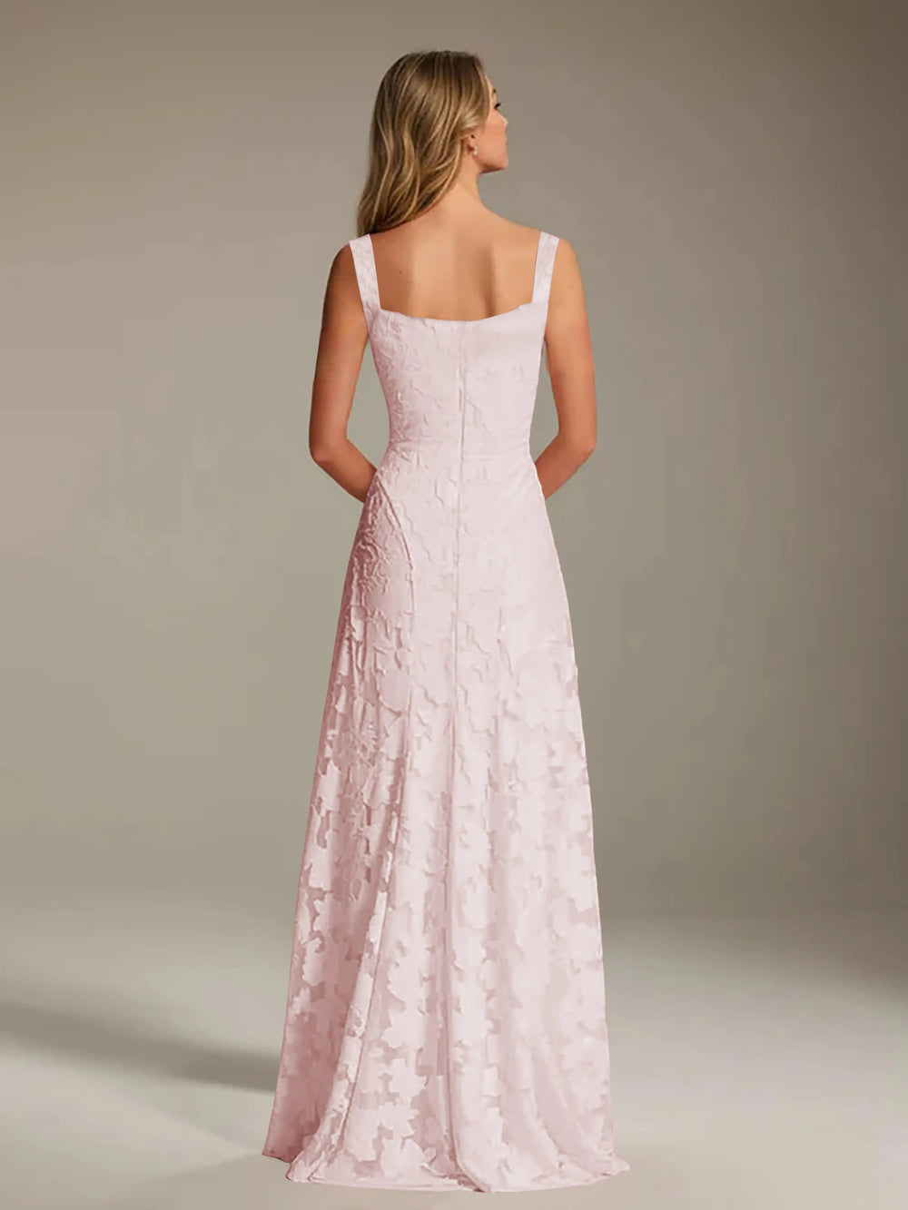 Adrienne A-line floral lace bridesmaid gown in light pink, featuring a square neckline and floor-length skirt.