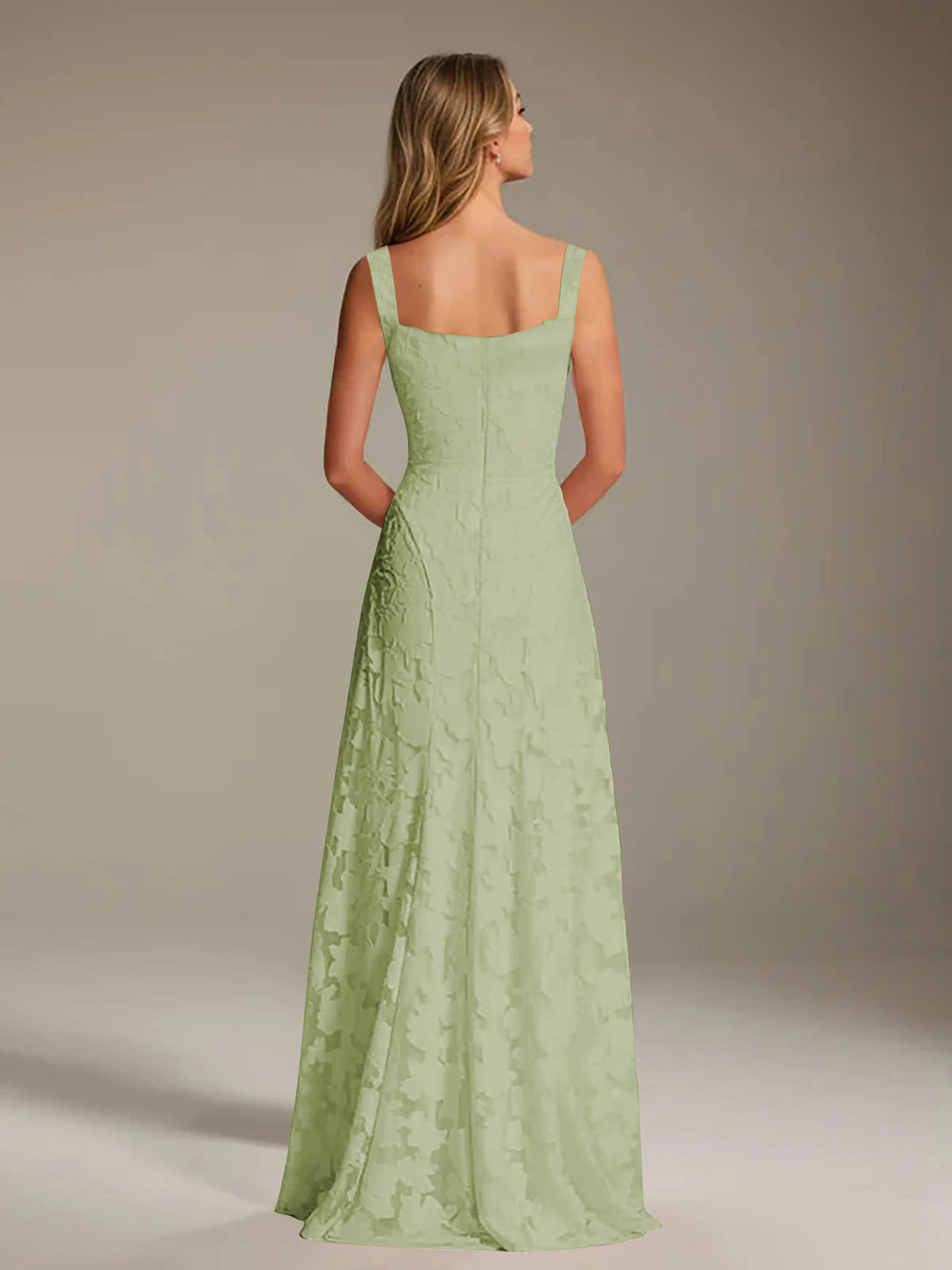 Adrienne women's sage green floral lace A-line bridesmaid dress with square neckline, back view.