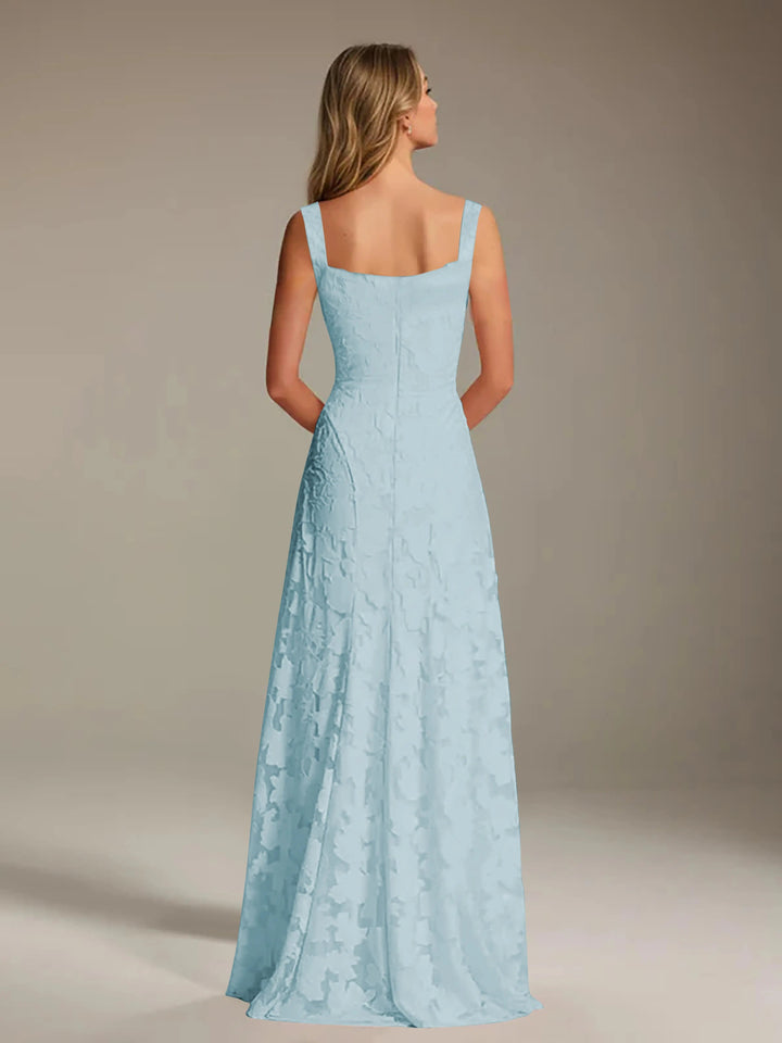 Adrienne light blue floral lace A-line bridesmaid dress with square neckline, seen from the back.
