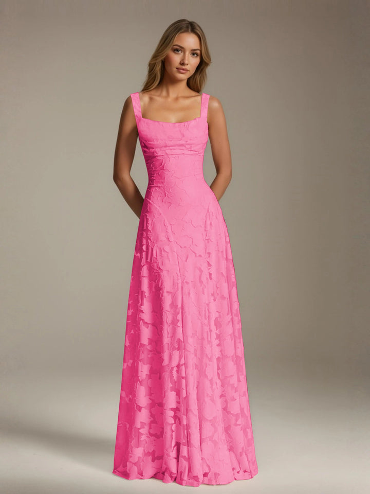 Adrienne women's hot pink floral lace A-line bridesmaid dress with a square neckline.