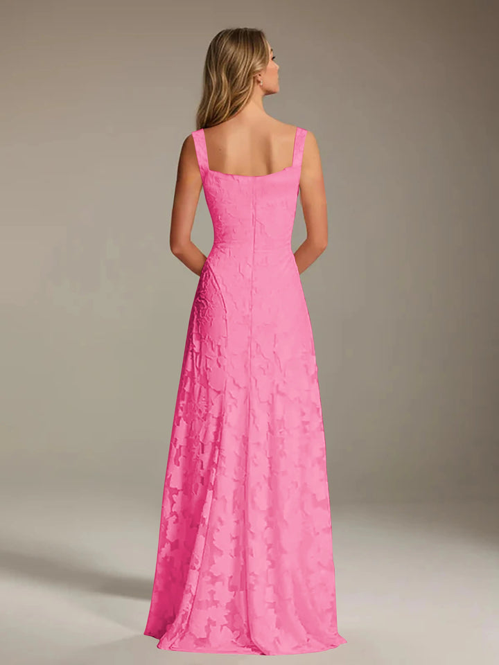 Adrienne women's floral bridesmaid dress: back view of a pink A-line gown with square neckline and lace.