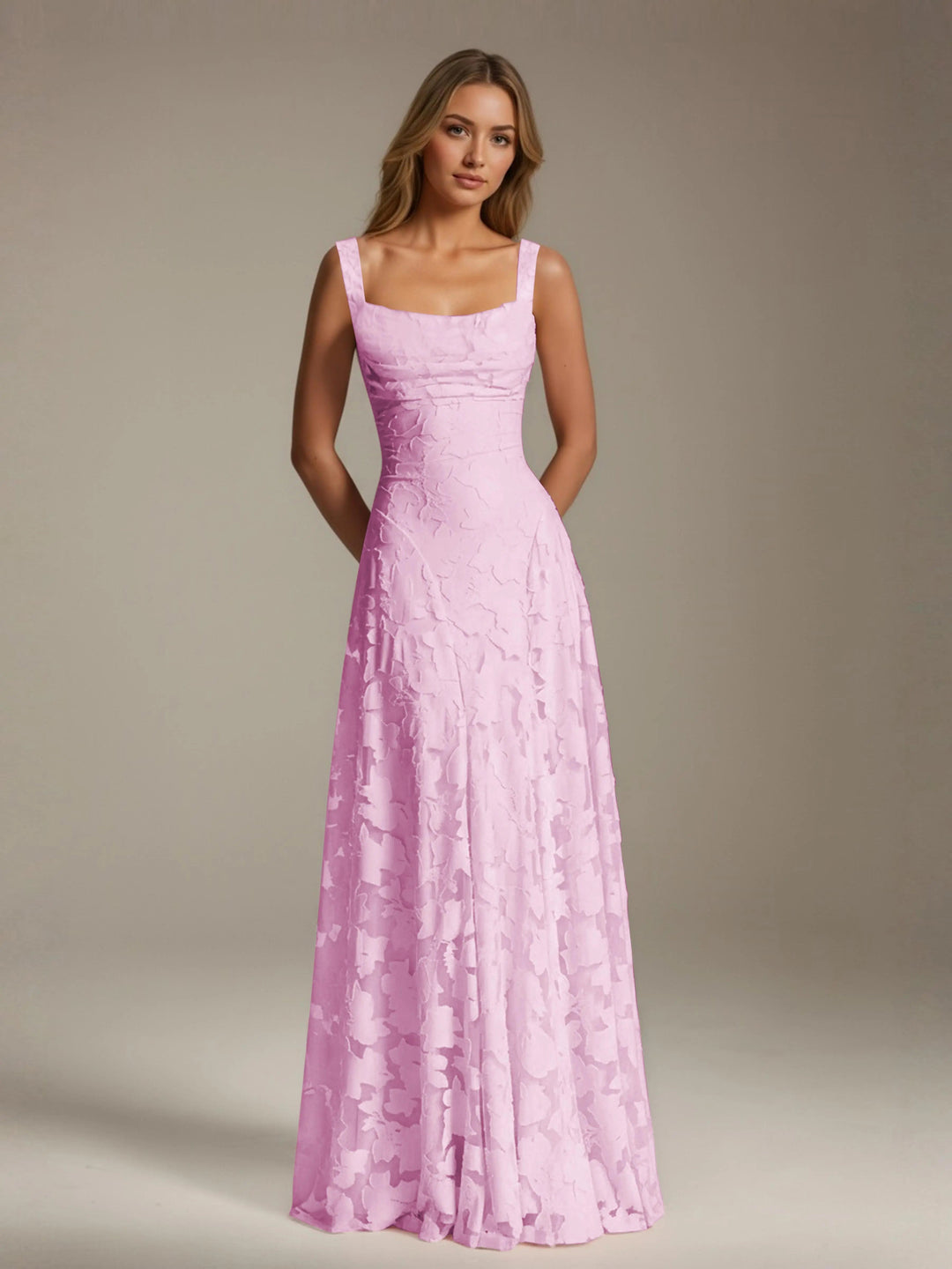 Adrienne women's floral lace A-line bridesmaid dress in light pink with a square neckline.